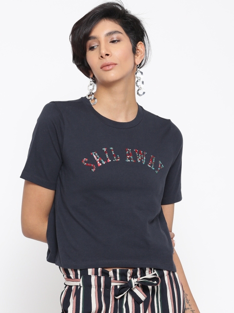 

ONLY Women Navy Blue Solid Round Neck Crop T-shirt