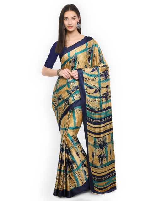 

Saree mall Beige & Navy Blue Poly Crepe Printed Saree