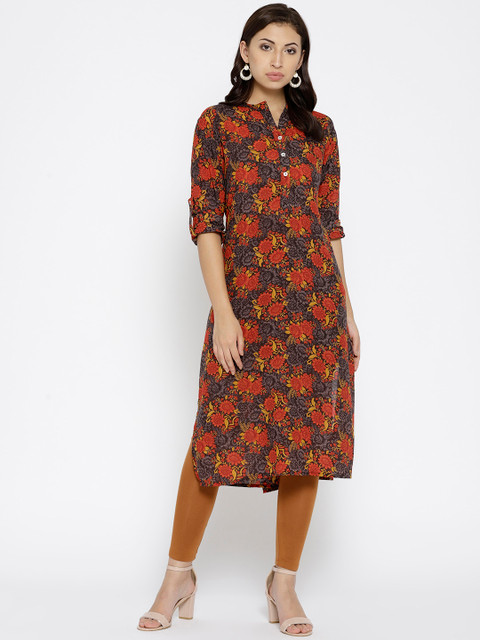 

Jashn Women Grey & Coral Red Floral Print Straight Kurta