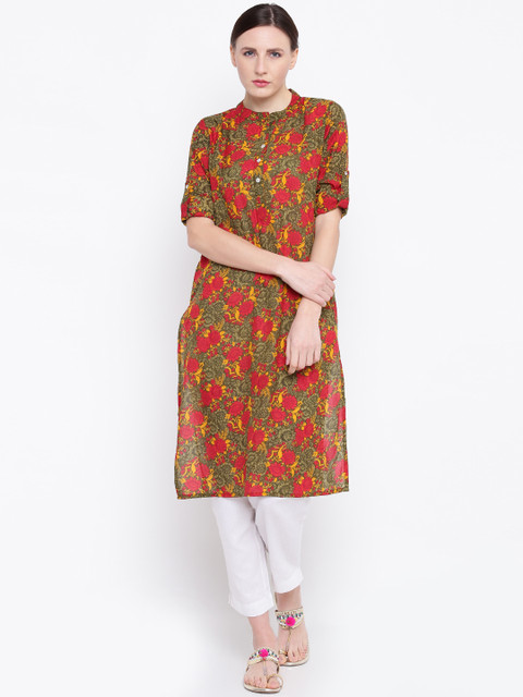 

Jashn Women Olive Green & Coral Red Floral Print Straight Kurta