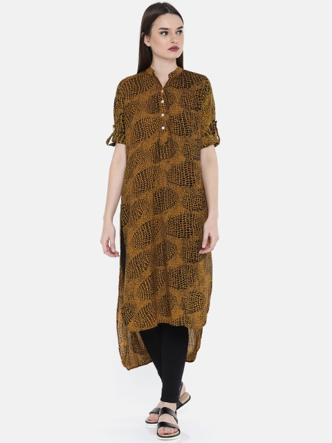 

Jashn Women Mustard Yellow & Black Animal Print High-Low Straight Kurta