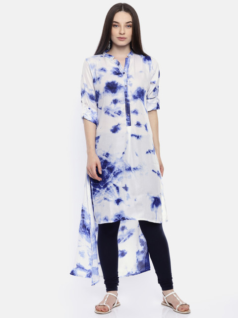 

Jashn Women White & Blue Dyed High-Low Straight Kurta