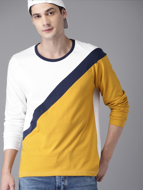 

HERE&NOW Men Mustard Yellow & White Colourblocked Round Neck T-shirt