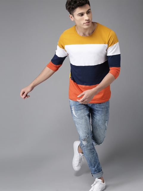 

HERE&NOW Men Mustard Yellow & Navy Colourblocked T-shirt