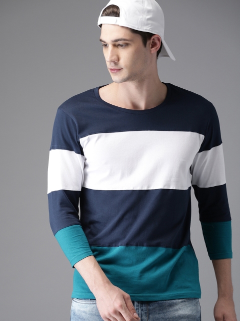 

HERE&NOW Men White & Blue Colourblocked Round Neck T-shirt