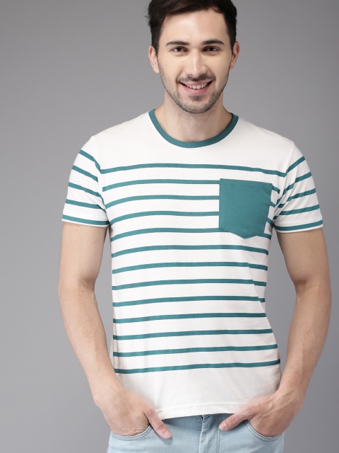 

HERE&NOW Men White & Teal Green Striped Round Neck T-shirt