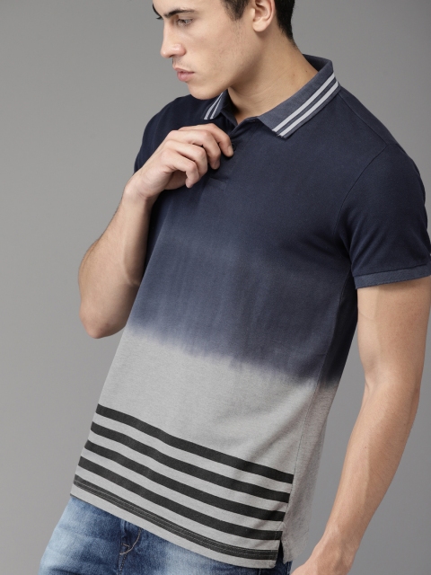

HERENOW Men Blue Grey Colourblocked Polo Collar Pure Cotton T-shirt