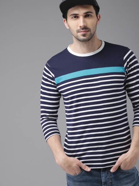 

HERE&NOW Men White & Navy Blue Striped Round Neck T-shirt