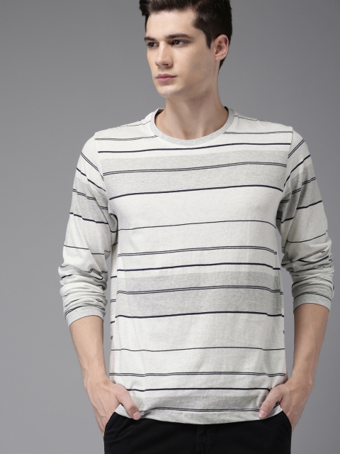 

HERE&NOW Men Grey Striped Round Neck T-shirt