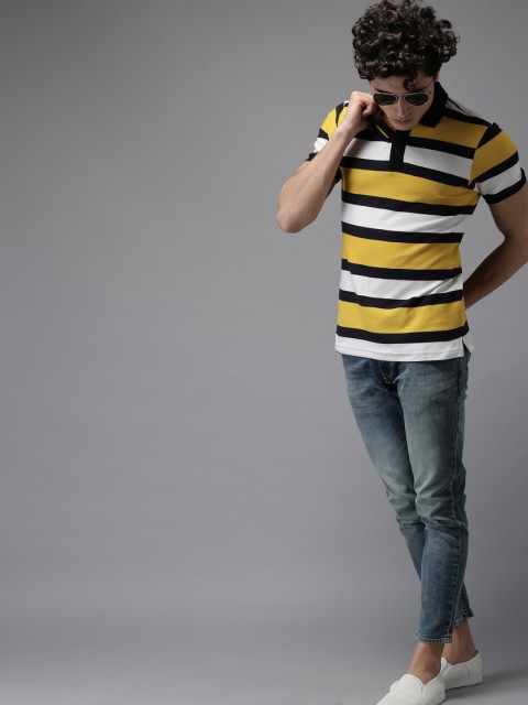 

HERE&NOW Men Yellow & White Striped Polo Collar T-shirt