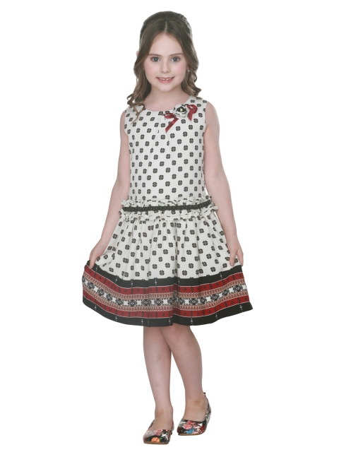 

CUTECUMBER Girls Cream-Coloured Printed Fit and Flare Dress
