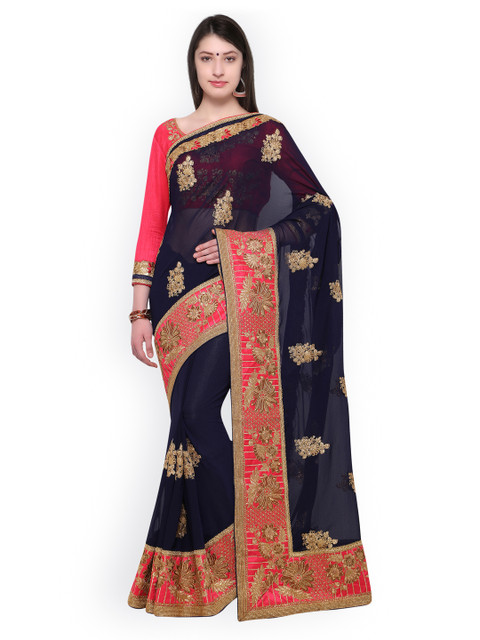 

Aasvaa Blue & Red Pure Georgette Embroidered Saree