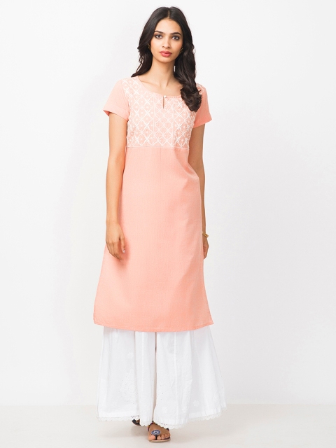 

Fabindia Women Peach-Coloured Yoke Design Straight Kurta