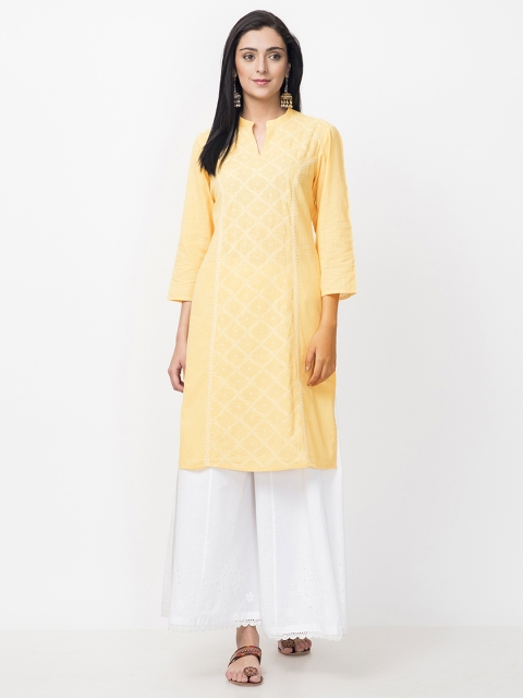 

Fabindia Women Yellow Chikankari Embroidered Straight Kurta