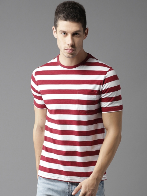 

HERE&NOW Men Maroon & White Striped Round Neck T-shirt
