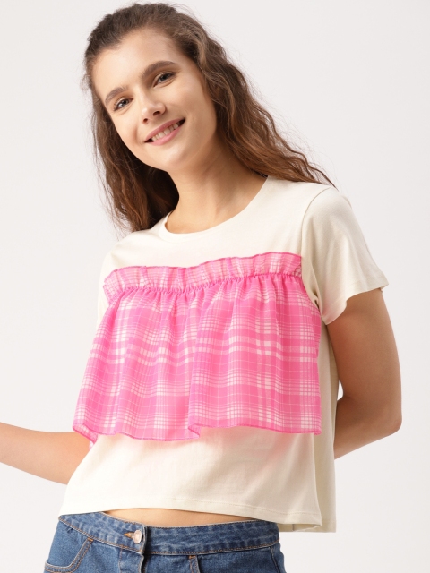 

DressBerry Women Off-White Checked Round Neck T-shirt