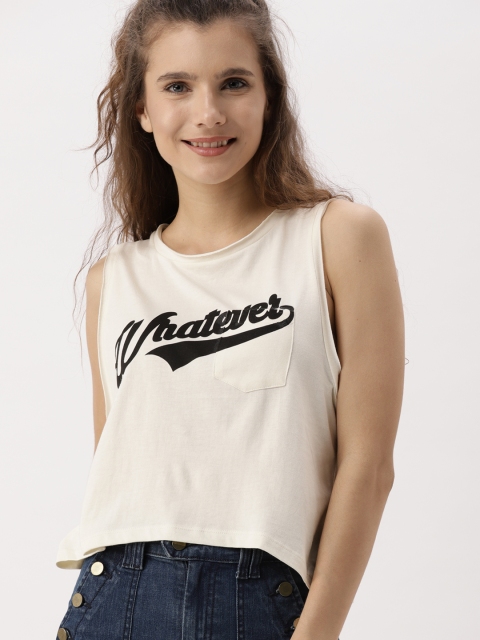

DressBerry Women Cream-Coloured Printed Round Neck Crop T-shirt