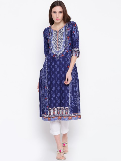 

Biba Women Blue Printed Straight Kurta