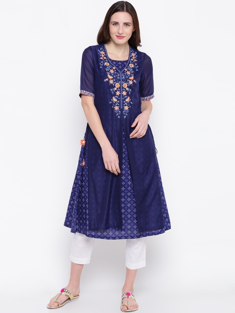 

Biba Women Navy Printed Layered A-Line Kurta, Navy blue
