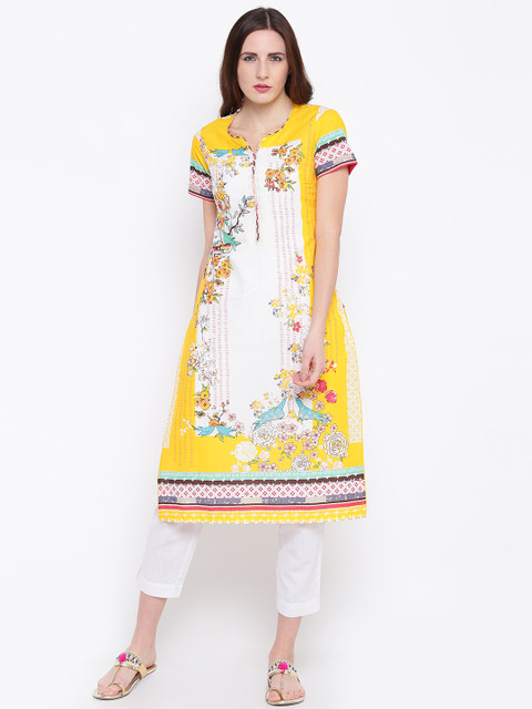 

Biba Women Yellow & White Floral Print Straight Kurta
