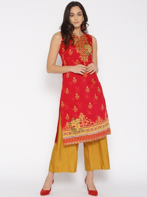 

Biba Women Red & Mustard Yellow Printed Straight Kurta