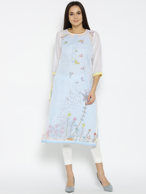 

Biba Women Off-White & Blue Quirky Print Layered Straight Kurta