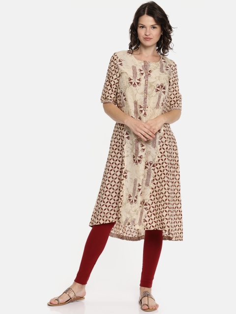 

Biba Women Beige & Maroon Printed A-Line Kurta