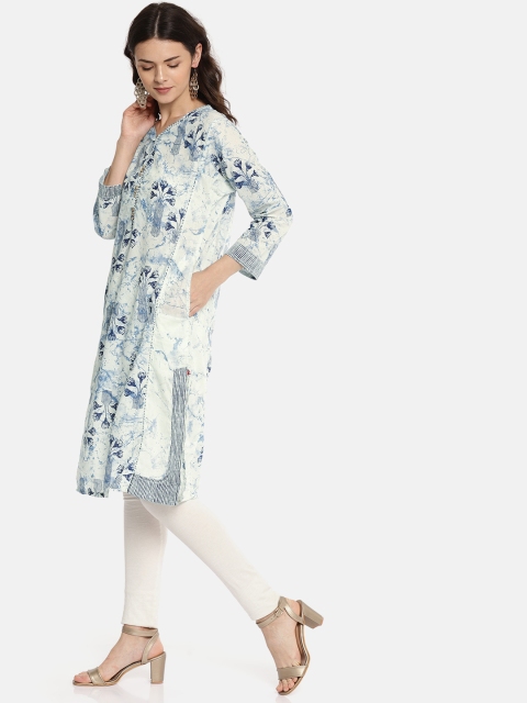 

Biba Women Off-White & Blue Printed Straight Kurta