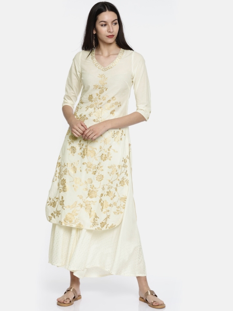 

Biba Women Off-White & Golden Floral Print Straight Kurta