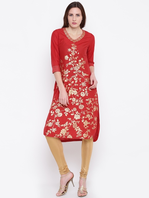 

Biba Women Red & Golden Floral Print Straight Kurta
