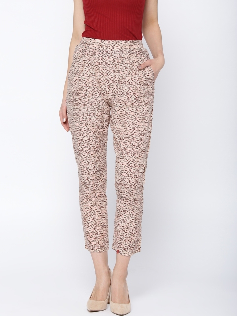 

Biba Women Beige & Maroon Printed Cropped Trousers