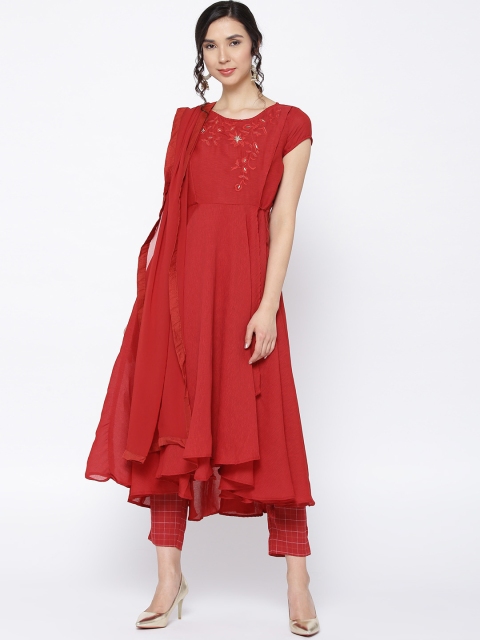 

Biba Women Red Solid Kurta with Checked Trousers & Dupatta