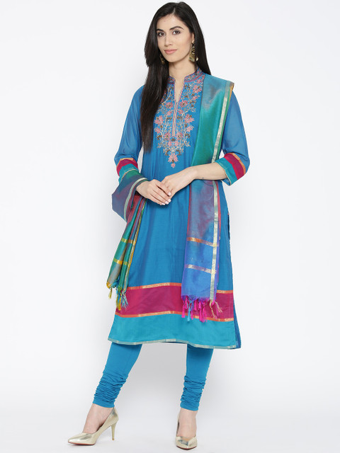 

Biba Women Blue Floral Yoke Design Embroidered Kurta with Churidar & Dupatta
