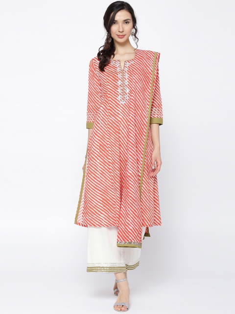 

Biba Women Red & White Striped Kurta with Palazzos & Dupatta