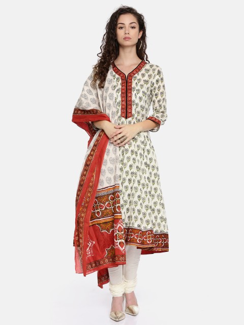 

Biba Women Off-White Printed Kurta with Churidar & Dupatta