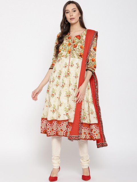

Biba Women Cream-Coloured & Orange Printed Kurta with Churidar & Dupatta