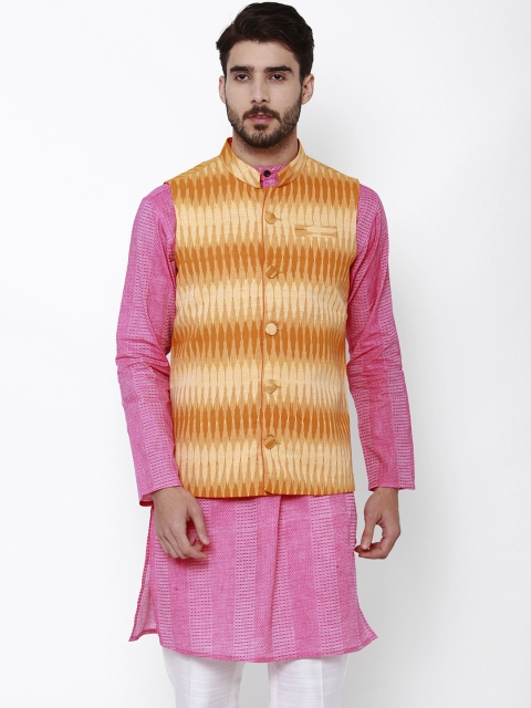 

Svanik Men Off-White & Blue Printed Slim Fit Pure Cotton Nehru Jacket, Yellow