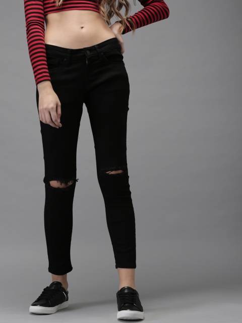 

HERE&NOW Women Black Skinny Fit Mid-Rise Slash Knee Stretchable Cropped Jeans