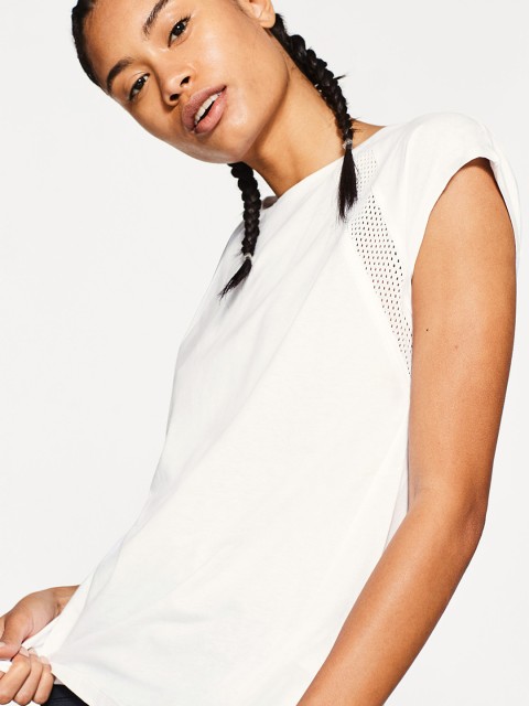 

ESPRIT Women White Mesh Detail Round Neck T-shirt
