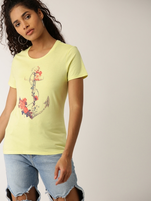 

ESPRIT Women Lemon Yellow Printed Round Neck T-shirt