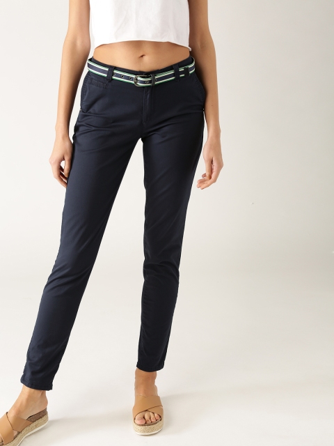 

ESPRIT Women Navy Blue Solid Chinos with Belt