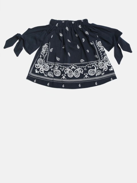 

YK Girls Navy & White Printed Bardot Top, Navy blue