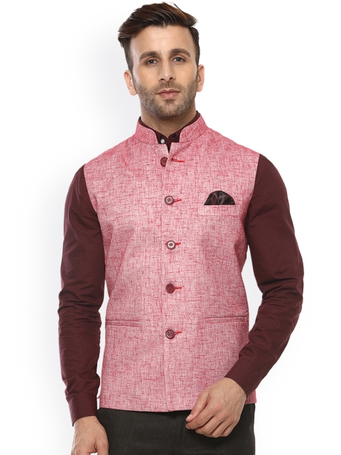 

Hangup Men Red Woven Design Nehru Jacket