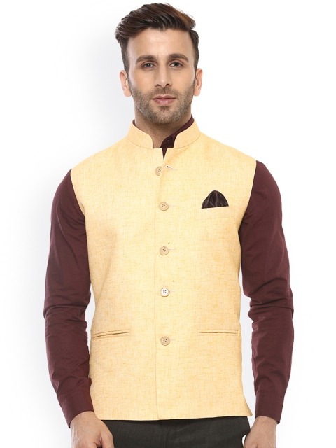 

Hangup Men Yellow Woven Design Nehru Jacket