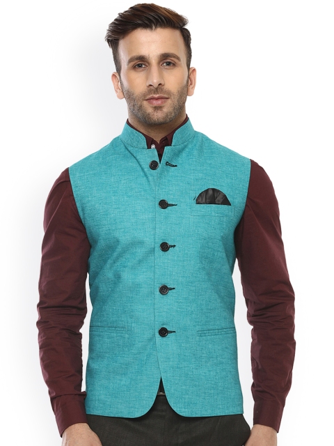 

Hangup Men Turquoise Blue Woven Design Nehru Jacket