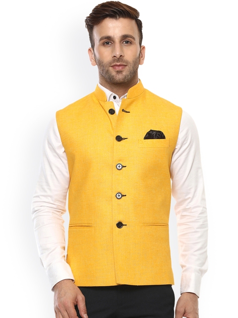 

Hangup Men Yellow Woven Design Nehru Jacket