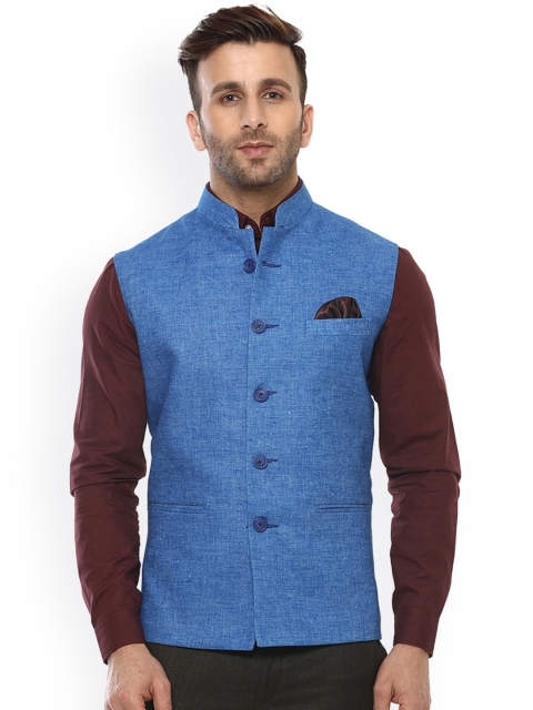 

Hangup Men Blue Woven Design Nehru Jacket