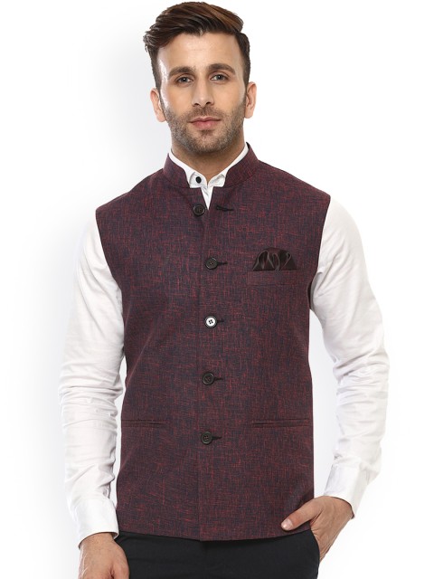 

Hangup Men Red Woven Design Nehru Jacket