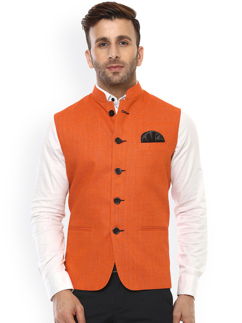 

Hangup Men Orange Woven Design Nehru Jacket