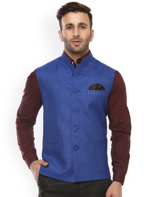 

Hangup Men Blue Woven Design Nehru Jacket